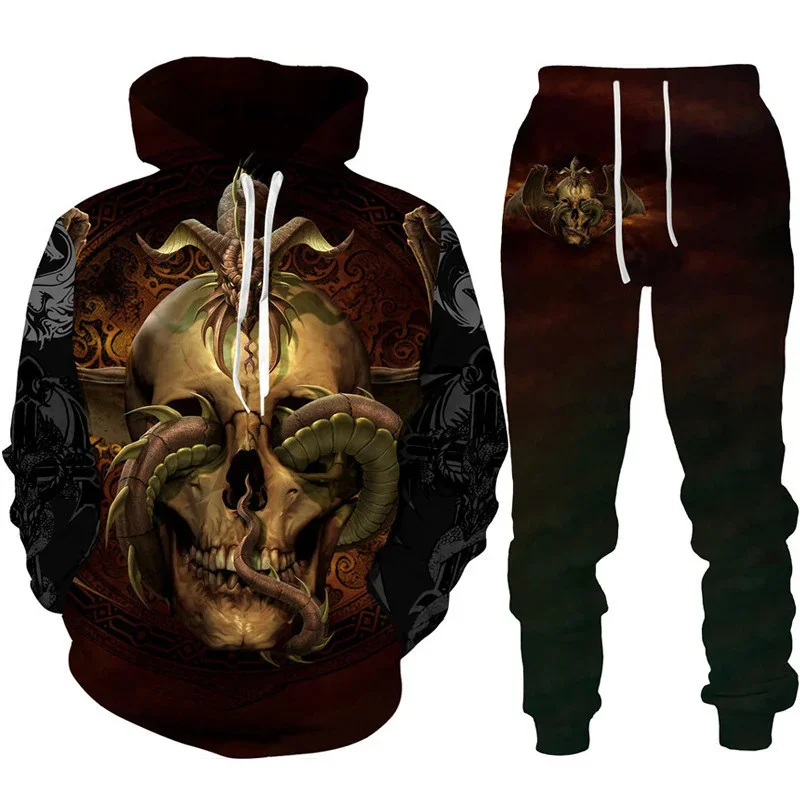 Dragon 3D Print Men Skull Hoodies Sets Tracksuit/Pants Autumn Winter Long Sleeve Pullover Suit Punk Casual Oversize High-quality