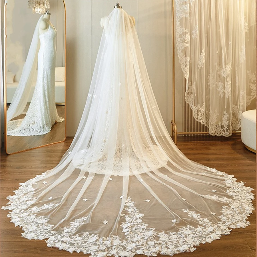 

Wholesale White Cathedral Wedding veils Lace Appliques Bride wedding accessories velo novia Bridal Veil