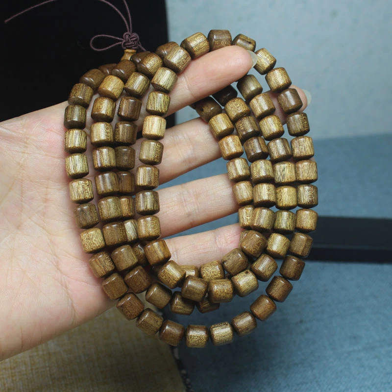 

8mm barrel bracelet made from reclaimed old wood of golden nanmu, prayer beads, collectible art craft, with a pleasant fra