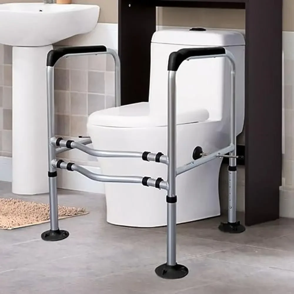 

Adjustable Height Width Toilet Safety Rail Elderly Disabled Pregnant 330lbs Silver Black Foldable