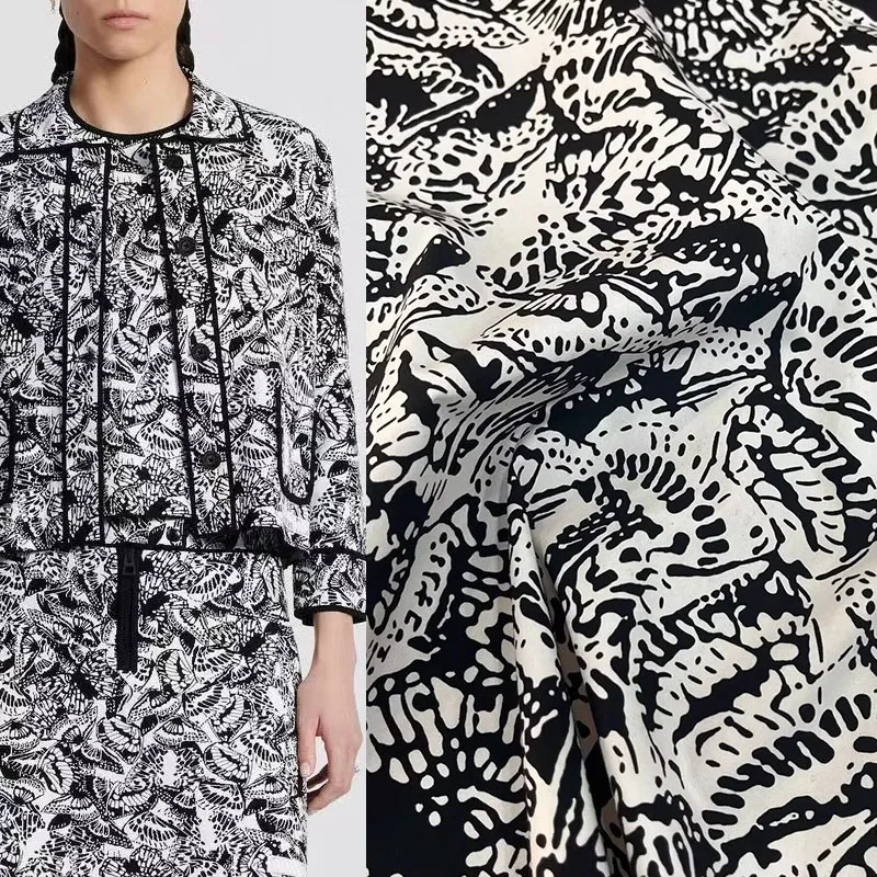 

Черно-белая хлопчатобумажная ткань с принтом бабочки для женского платья, блузки, брюк, ручная работа, модная ткань «сделай сам», швейный материал