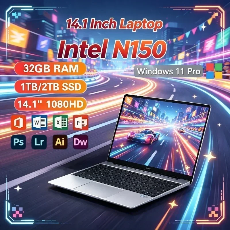 14.1 Inch Ultra‑Slim Daily Use Laptop Intel N150 Processor Windows 11 32GB RAM 2TB SSD Portable Notebook For Student Office