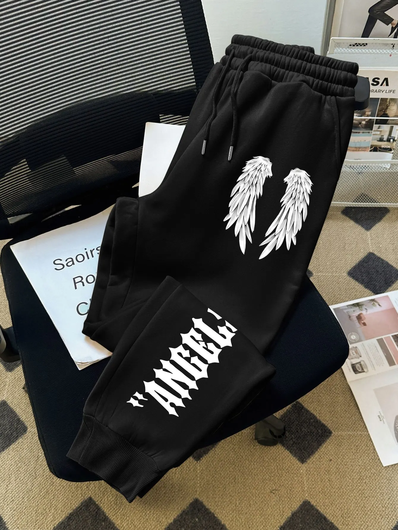 

Men's Greek Key and Angel Pattern Printed Casual Sweatpants, Loose Sports Jogging Pants, Comfortable Street Style Trousers