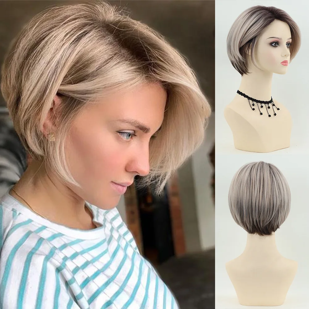 

Short Straight Bob Wigs for Women Blonde & Grey Highlights Ombre Heat Resistant Synthetic Wig Cosplay Party Wig