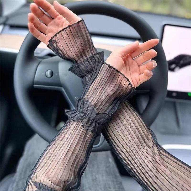 Women Summer Long Lace Mesh Fingerless Gloves Sun Protection Arm Sleeves Driving Cycling Breathable Mittens Oversleeve