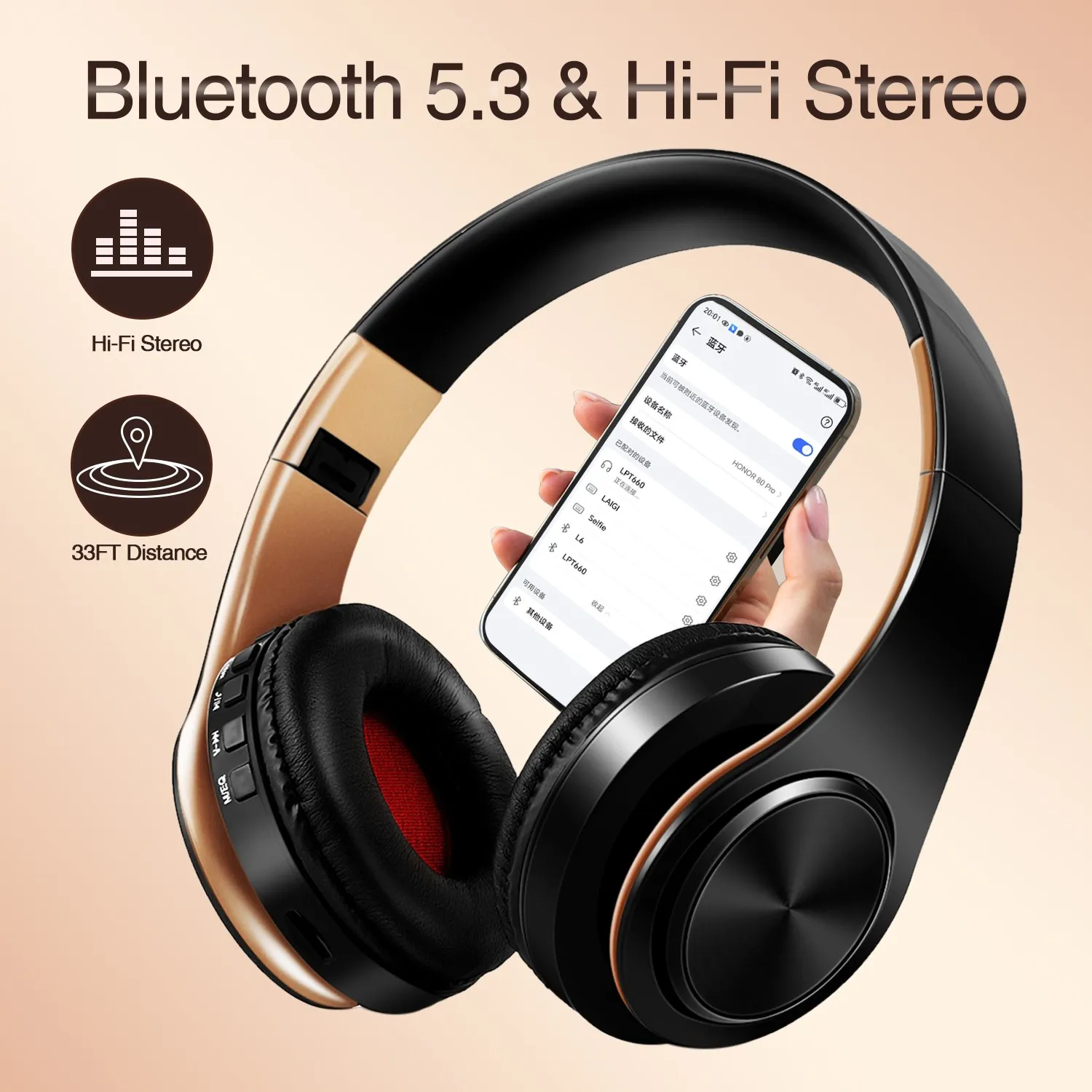 Men Gift Gold Wireless Headphones Bluetooth Earphone Stereo Headset with Build-in MIC with 3.5mm Jack for Xiaomi Samsung IPHONE