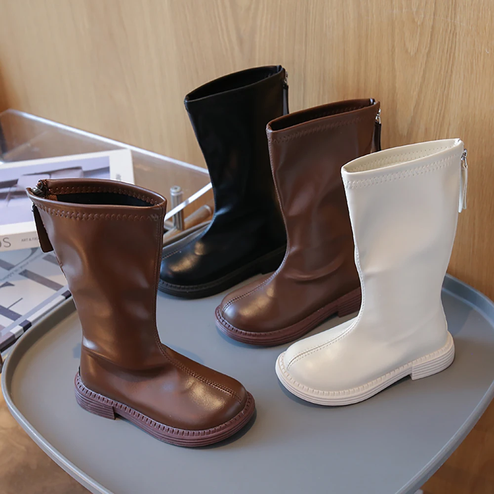 

Autumn Winter Girls PU Leather Calf Length Boots Children Long Boots Kids Waterproof Anti-slippery Girls Vintage Long Boots Kids
