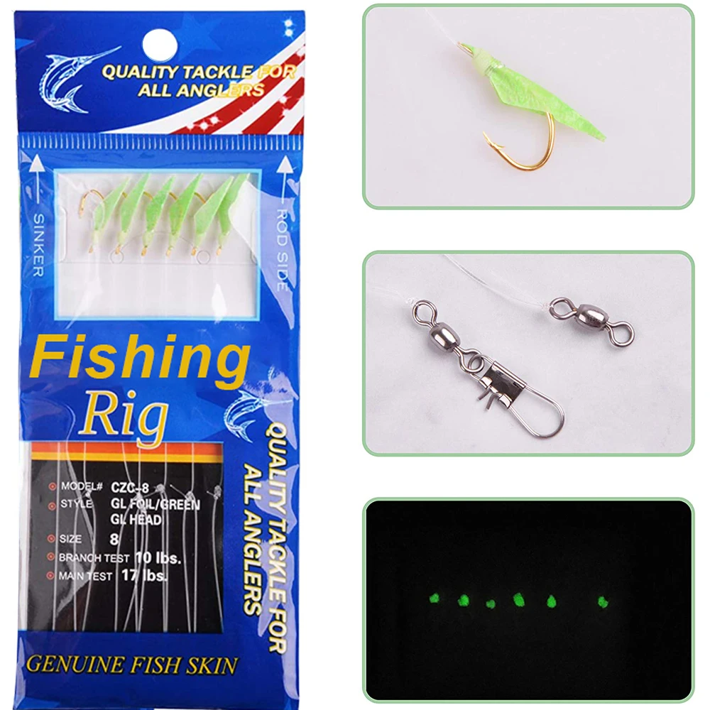 5/10/20Pack Sea Fishing Bait rigs Real fish skin Luminous beads Mackerel Saltwater Freshwater Fishing rig String Hook Size 4/6/8