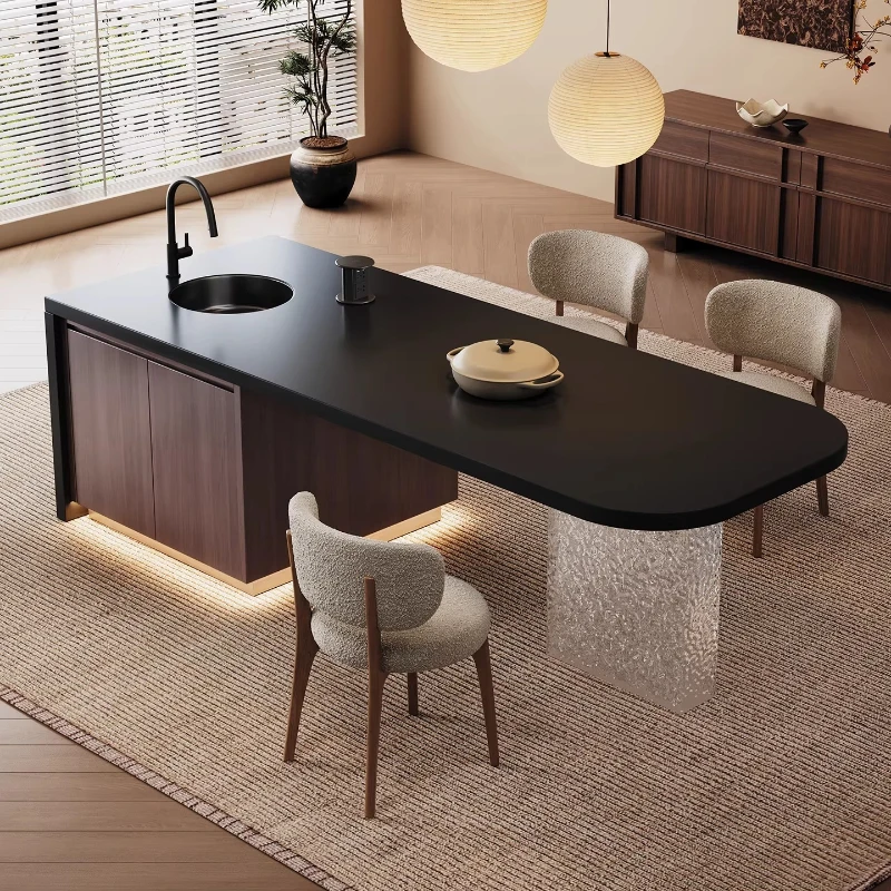 

French Medieval Flush Rock Slab Island Dining Table Integrated Acrylic Guide Table