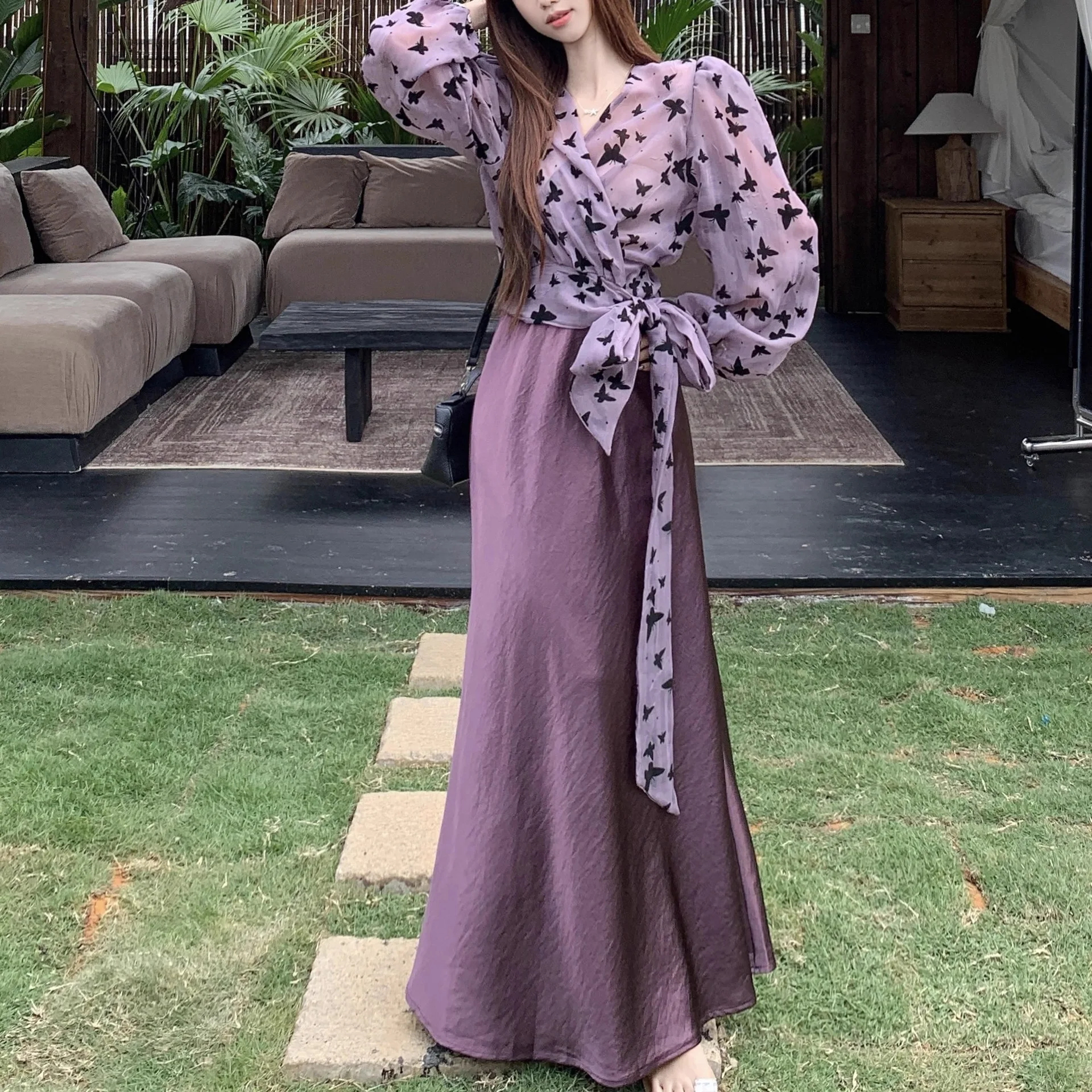 Fashionable Updated Women's Set Gentle Style French Vintage Soft Wind Autumn Chiffon Print