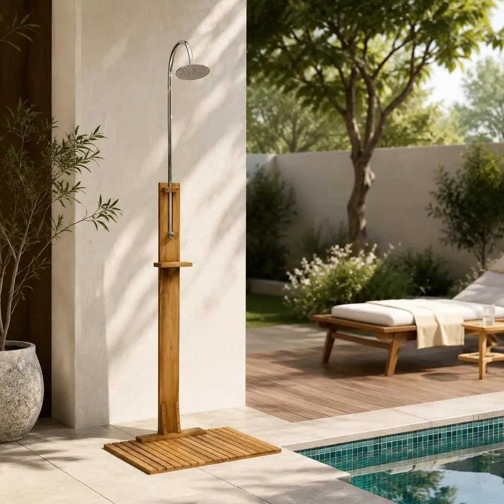Cabine de douche extérieure 75x75x210 cm, design à lattes en teck massif, construction stable avec veinures naturelles, pour jardin, terrasse et bord de piscine