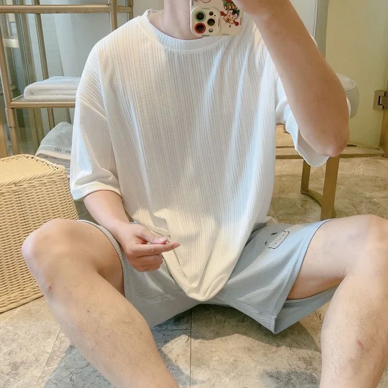 Loose Large Size Cotton Loungewear Can Be Worn Outside Summertime Gentleman Pajamas Short Sleeve Shorts Round Neck  Set Simple