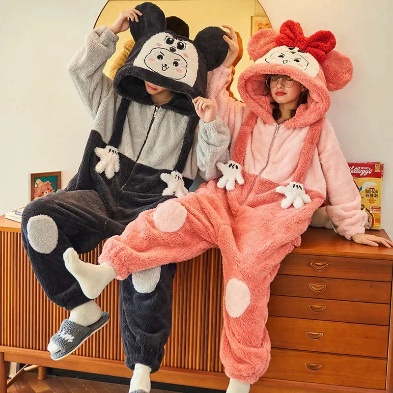 Cartoon Cute Jumpsuit Sleepwear Winter Warm Coral Fleece Pajamas Set for Couples Big Size 3XL 4XL Women and Men Nightwear