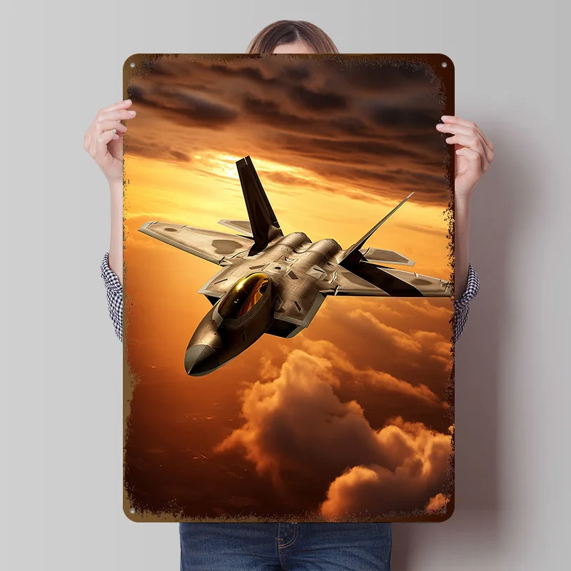 F-22 Raptor Sunset Flight Metal Poster Customized Wall Art Retro Vintage Metal Signs for Man Cave Home Decor Room Wand Deko Desk