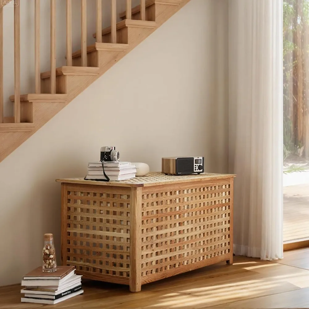 Banco de entrada de madera natural con almacenamiento, adecuado para mesa de centro en entrada, sala de estar, dormitorio y baño (38,5x19,6x1