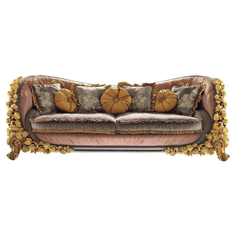 French luxury shell parquet sofa coffee table combination, European fabric solid wood carving sofa palace villa furniture