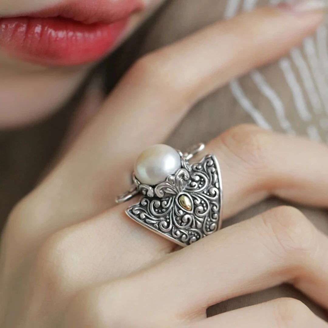 Retro silver 925 Ethnic Style Embossed Tang Grass Pattern Shield Pearls rings for women Adjustable Charms Ring banquet Jewelry