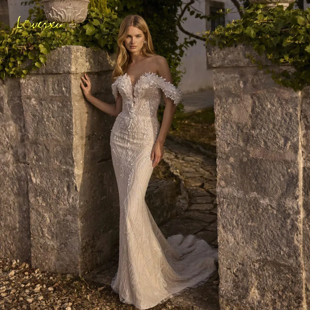 Loverxu Mermaid Wedding Dresses Sweetheart Off The Shoulder Vestido De Novia Lace Embroidery Glitter Custom Made Bridal Gown