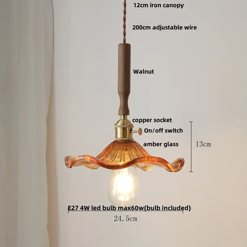 IWHD Knob Switch LED Pendant Lights Dining Living Room Coffee Flower Amber Glass Walnut Wood Nordic Modern Hanging Lamp Lighting