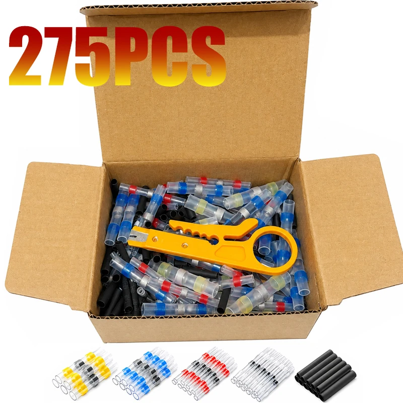 275pcs Boxed heat shrink terminals, heating tubes with tools, 5 models, very suitable for cars, motorcycles, and ships