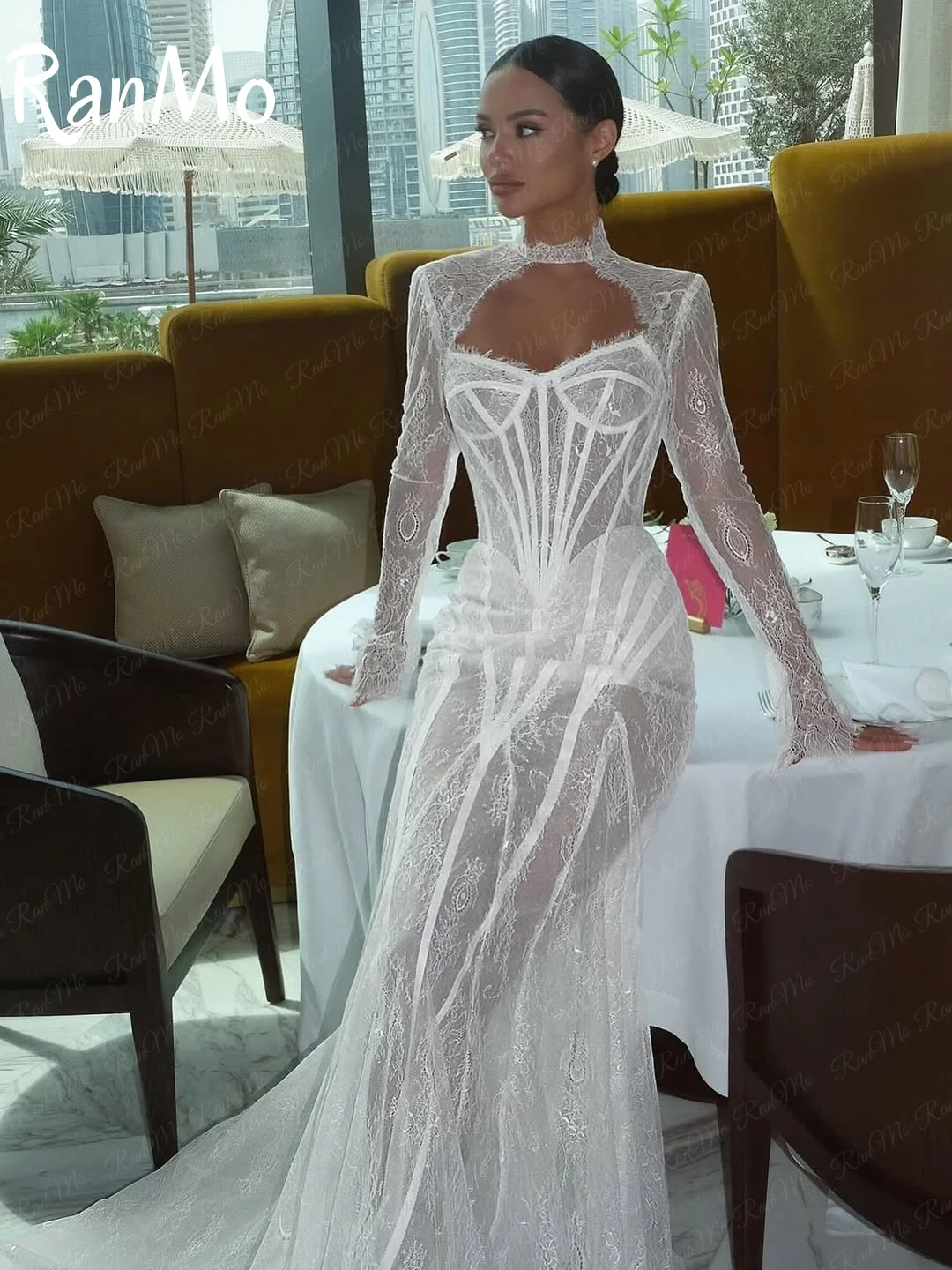 Ranmo ใหม่ 2025 ชุดแต่งงานสีขาวคอสูง Mermaid แขนยาวลูกไม้งานแต่งงานชุดเจ้าสาวหรูหรา Boho Court Tain ที่กําหนดเอง