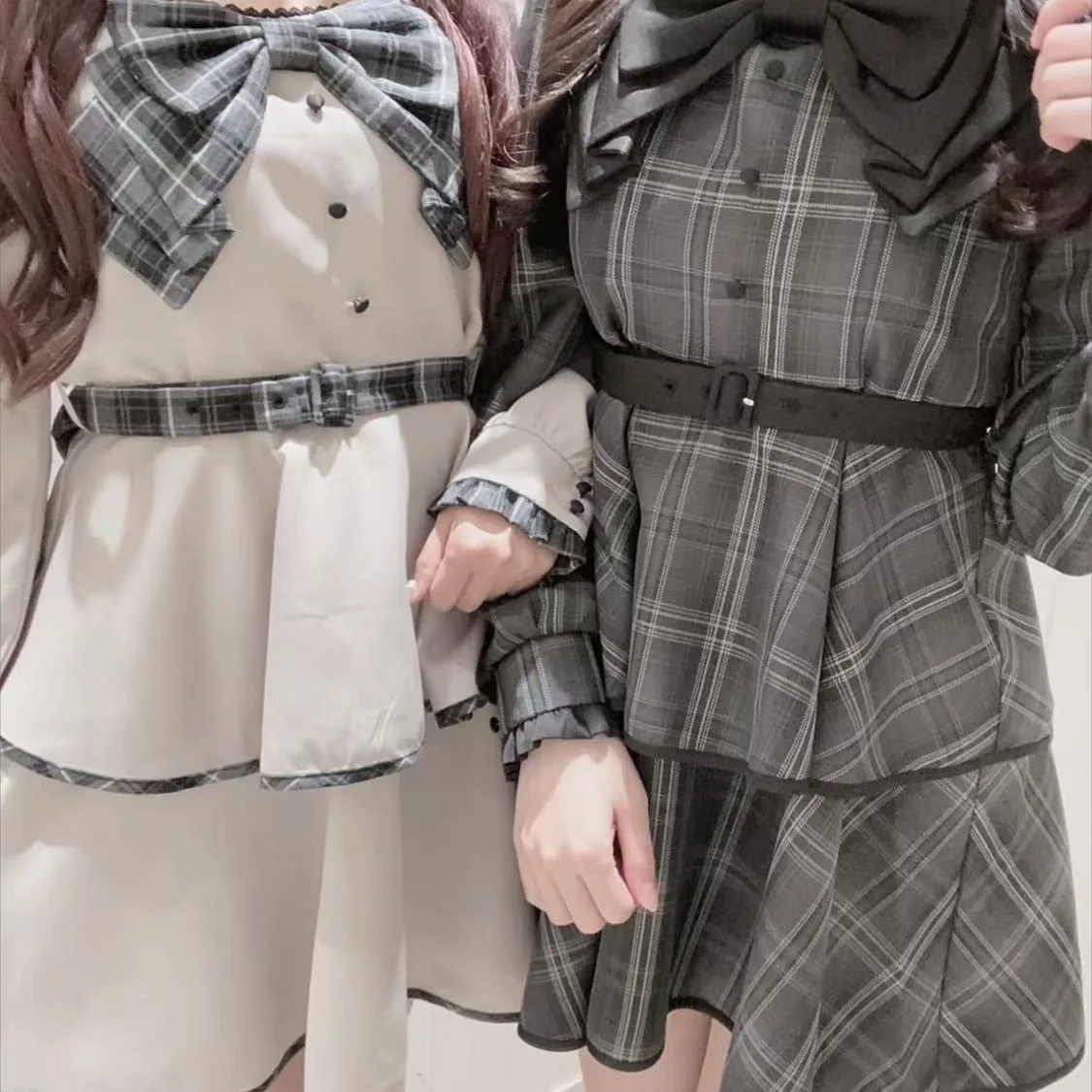 Estilo japonês elegante doce subcultura pescoço quadrado arco manga longa cinto de cintura alta a linha plissado vestido em camadas para mulher outono