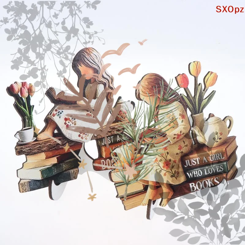 Reading Girl 2D Wooden Figurine, Creative Desktop Ornament for Study Room and Home Atmosphere Decoration