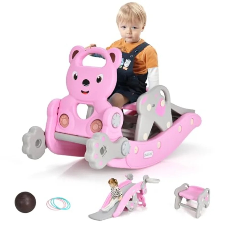 

5 in 1 Toddler Slide Rocking Toy, Rocking Horse Playset with Slide, Basketball Hoop, Ring Toss Game, Stool and Inflatable Baske