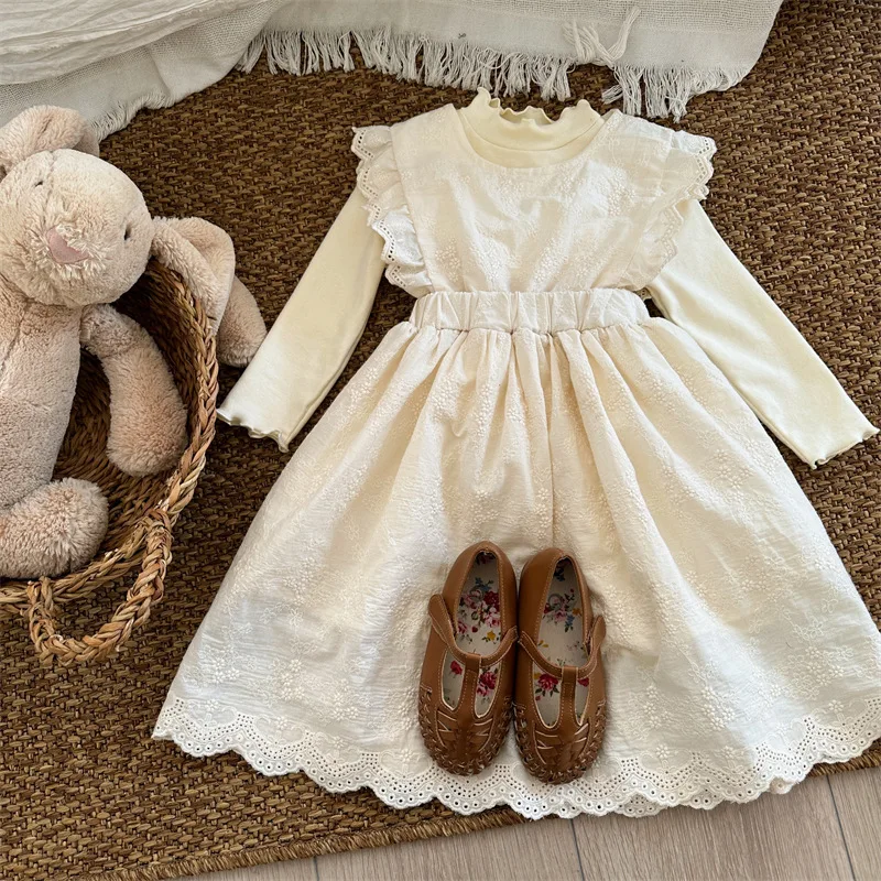

2025Spring New Children's Sweet Lace Trim Dress Girls' Embroidered Sleeveless Dress