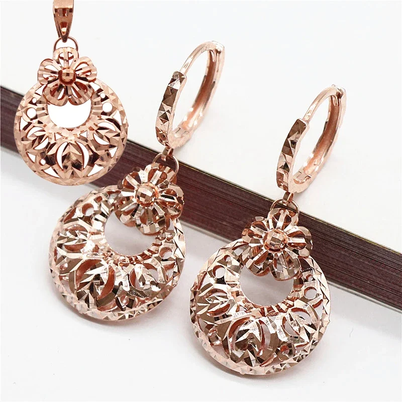 

585 Purple Gold Double Layer Hollow Flower jewelry sets Fashion Plated 14K Rose Gold Light Luxury Court style Necklace Earrings