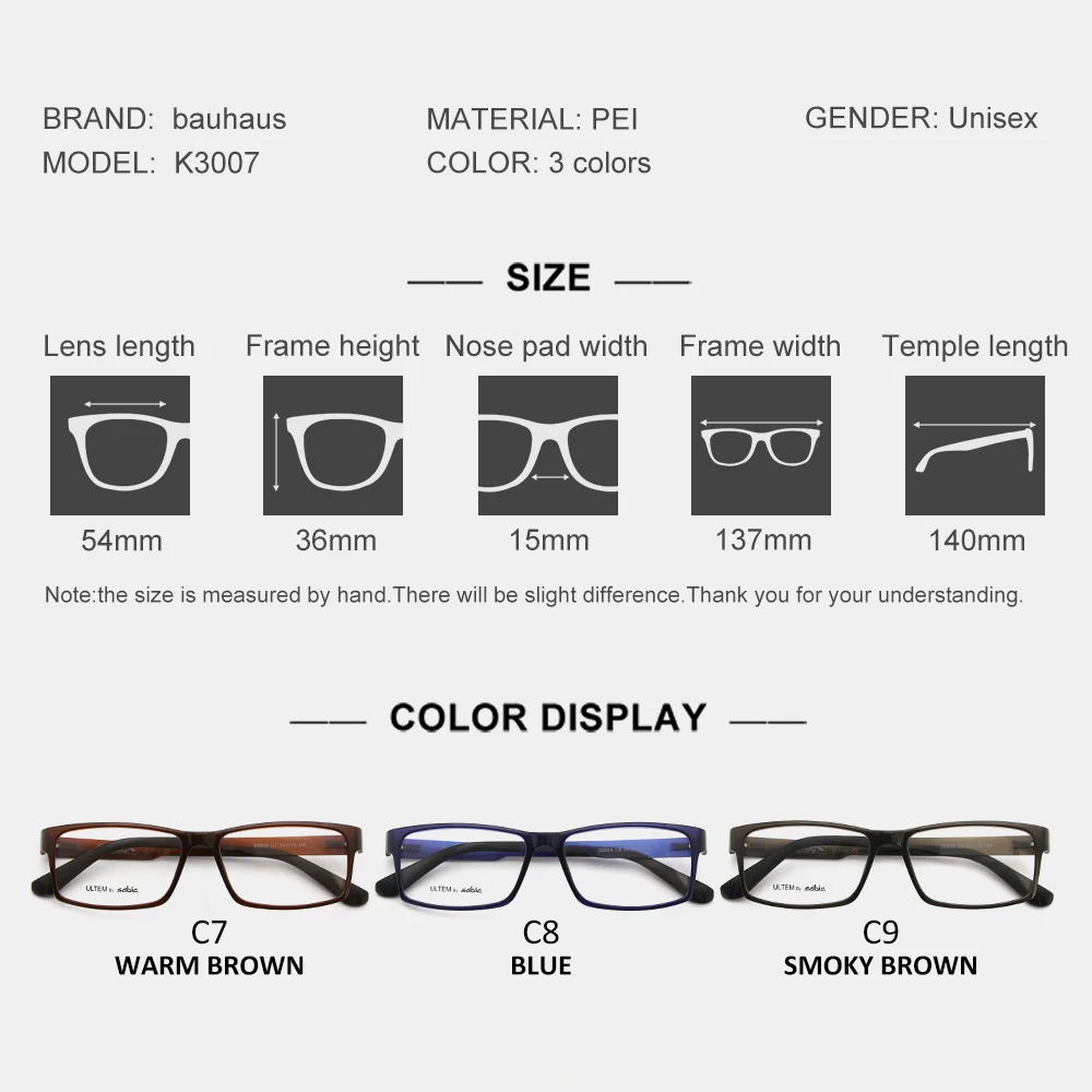 K3007 Bauhaus Unisex Square Ultem Eye Glasses Frame Factory Direct Eyewear