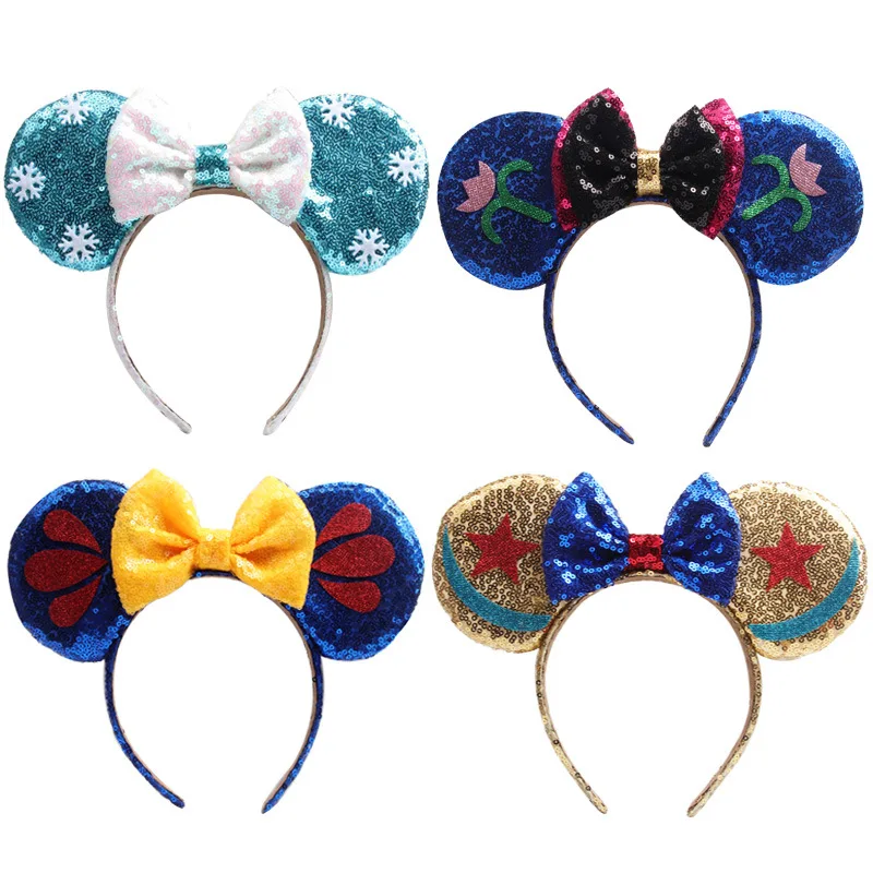 Mickey Minnie Mouse Ear Headbands Frozen Elsa Anna Bow Sequins Hairband For Women Girls Hairband Hair Hoop Hair Accessories