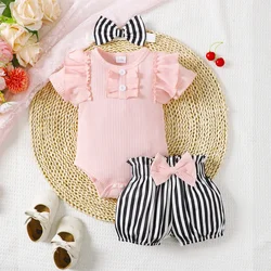 Summer Newborn Baby Girl Clothes Set Solid Color Short Sleeve Ruffle Top Bow Striped Shorts Headband 3Pcs Fashion Infant Outfits