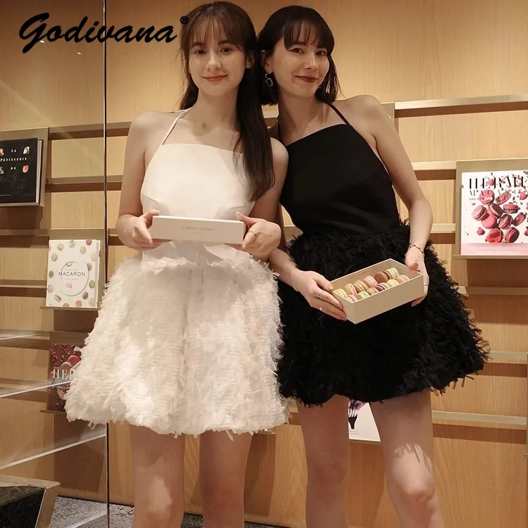 

Super Beautiful 3D Flower Feather Fringed Backless Suspender Dress New Japanese Women Girls Sweet Cute Strapless Short Dresses