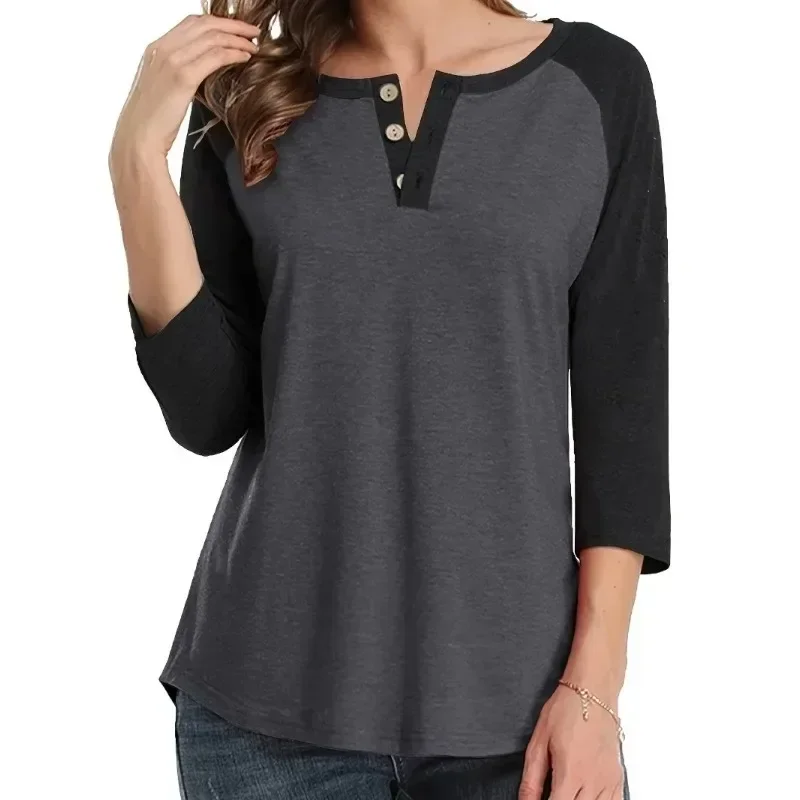 

Большие размеры 1XL-5XL, новая женская повседневная футболка с цветными блоками, топы с зубчатым вырезом и длинными рукавами, женская модная футболка с декором на пуговицах