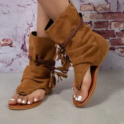 Women Summer Boots Open Toe Flat Tassel Design Sandals  Roman Sandal Elegant Shoes Plus Size 35-43 Sandalias Mujer 2024