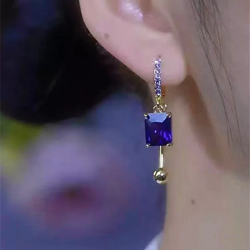 New Unique Purple Square Crystal Pendant Earrings for Women Fashionable Exquisite Elegant Temperament Girls Party Jewelry Gift