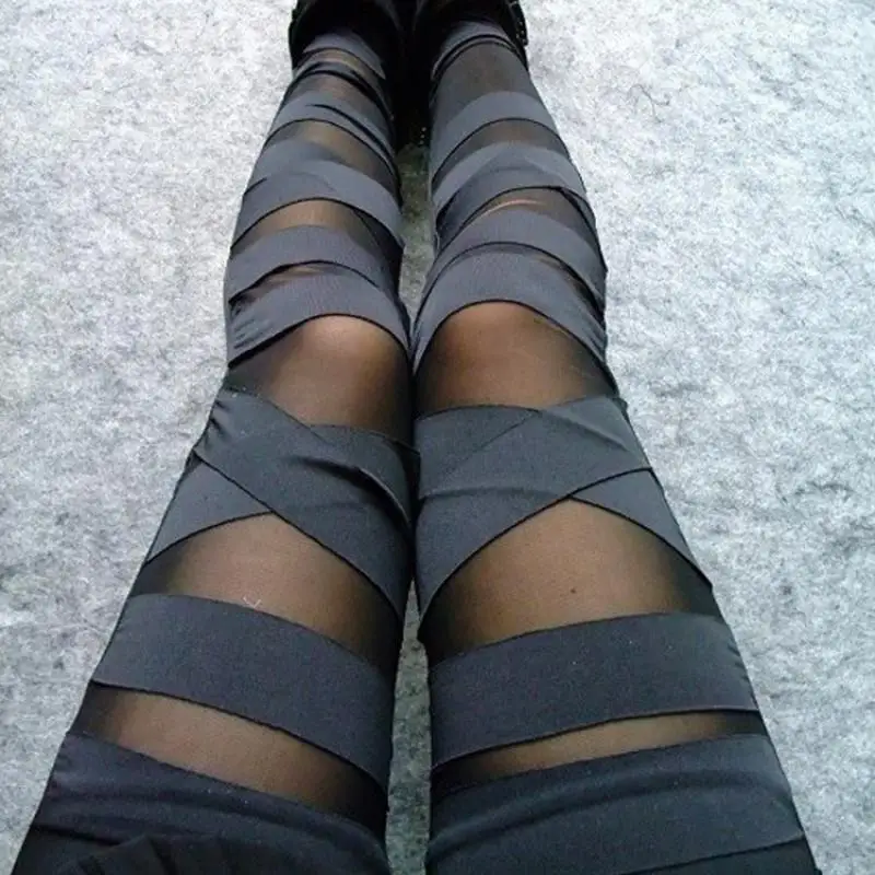 Women New Clothing Summer Strap Milk Silk Cross Leggings Mesh Bundle Fake Meat Cropped Pants Summer Wear Lace over Base Sheer