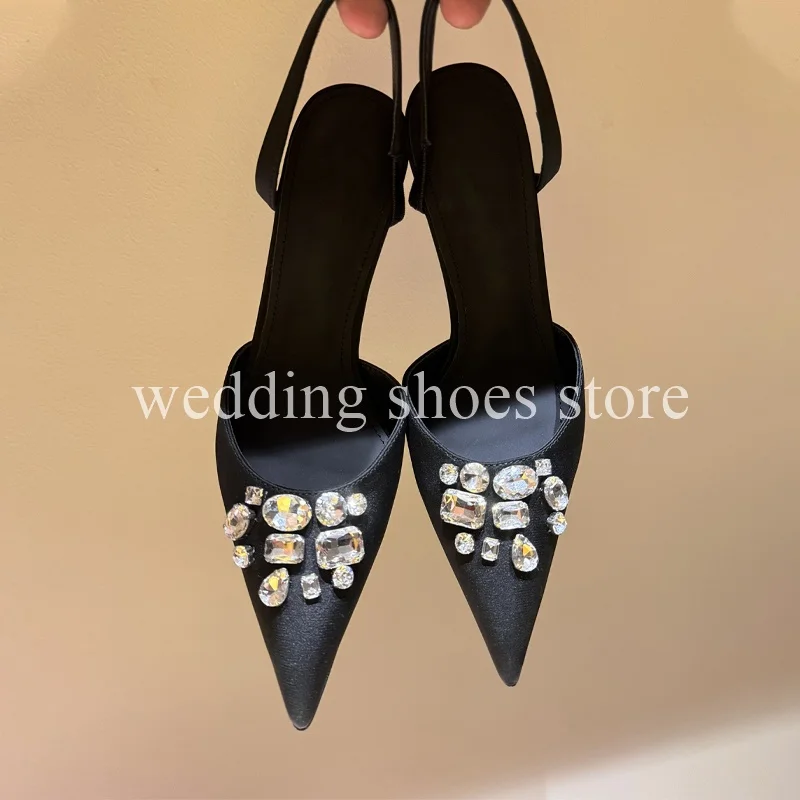 Rhinestone 9.5CM High-heeled Sandals Sexy Women Sheepskin Pointy Back Strap Hollow Summer Elegant Banquet Wedding Single Shoes