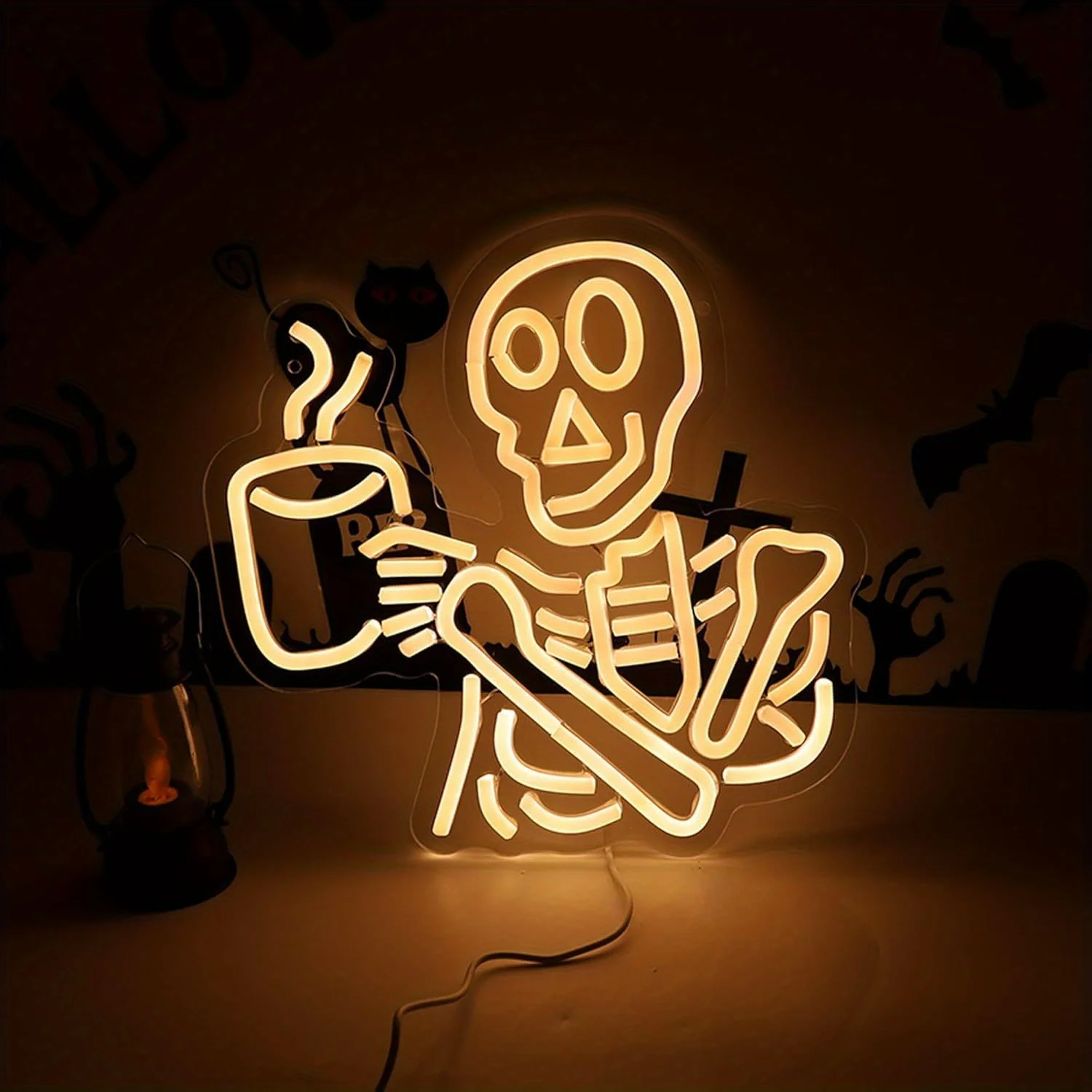 

Coffee Skeleton Neon Sign LED Neon Light USB Dimmable Wall Decor for Gothic Party Decor Spooky Vibes Gift for Friend Family