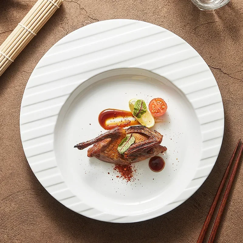 Ceramic line pattern pasta plate, premium light luxury plate, vegetable plate 2024 new hotel restaurant round medium plate