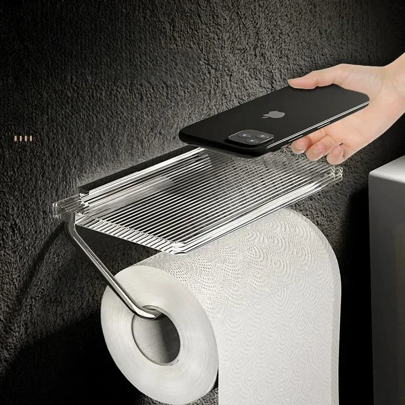 New Luxury Sliver Toilet Paper Holder with Shelf No Punching Acrylic Roll Paper Holder Tissue Hanger Bathroom Accessories