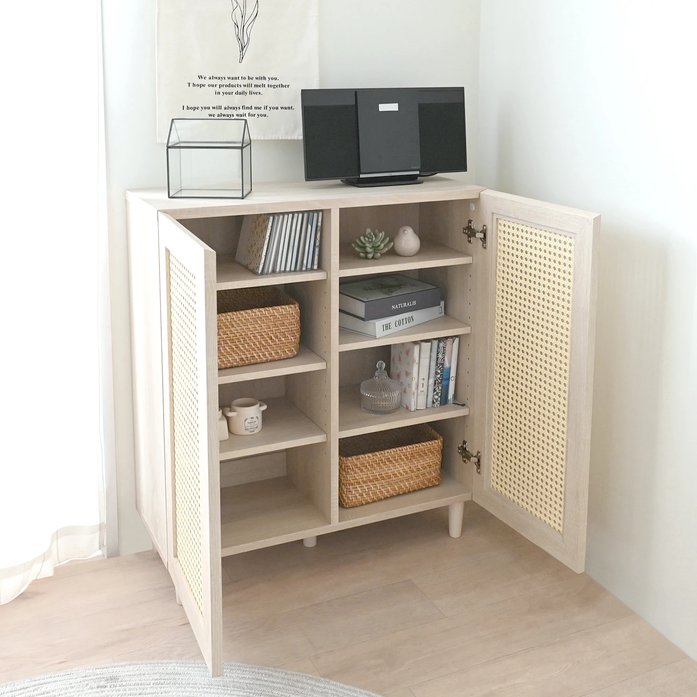 Modern Nordic Style White Natural Color MDF Wood Cabinet Unique Design Multi-Function Medium Size Rattan Door Storage Lockers