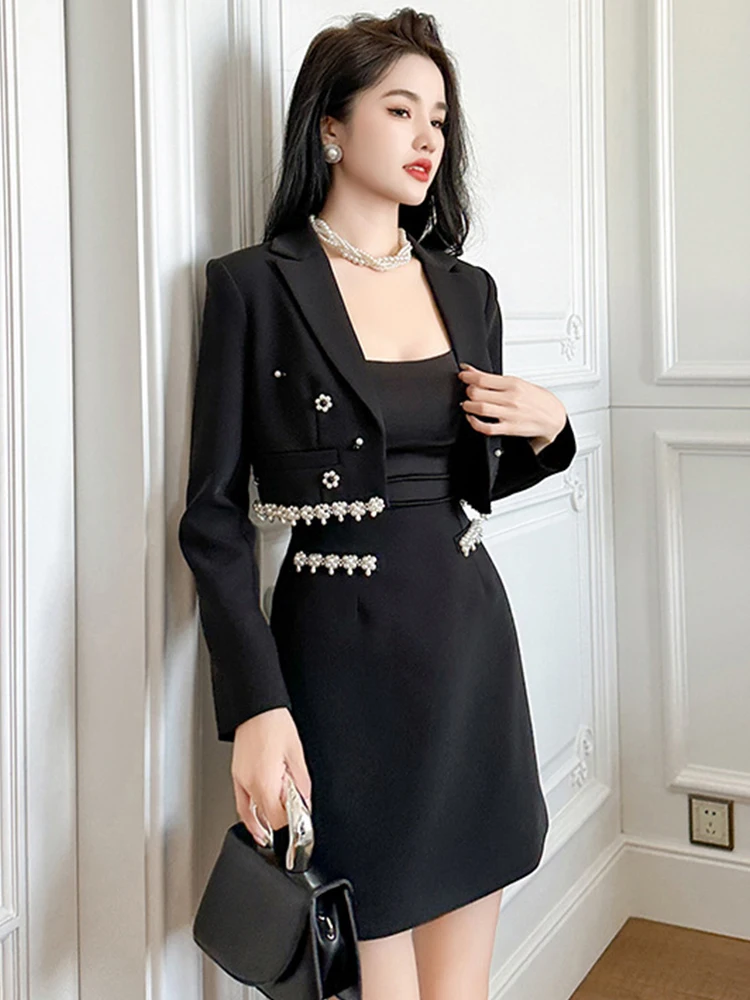 Elegant Fashionable 2 Pieces Outfits Women Black Pearl Flower Long Short Tops Suit Jacket Coat Skirt Sets Party Business Clothes