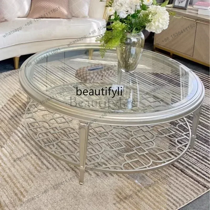 

American light luxury living room solid wood tempered glass coffee table stainless steel hollow coffee table