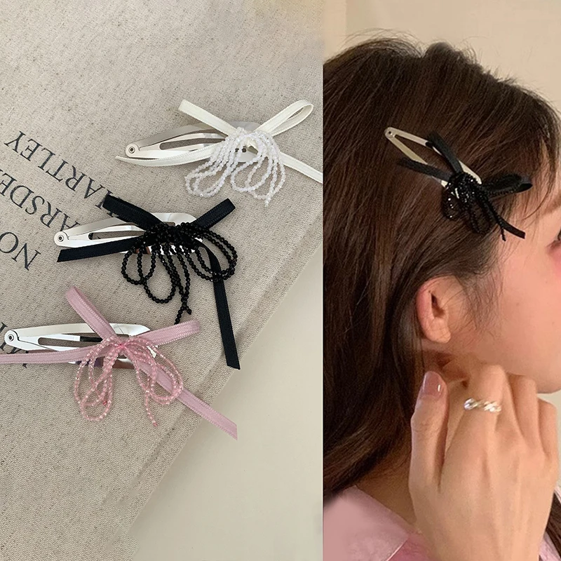 

Korean Style Fashion Crystal Beaded Bow Barrettes Bangs Clip Exquisite Versatile BB Clips For Girls Sweet Hair Accessories