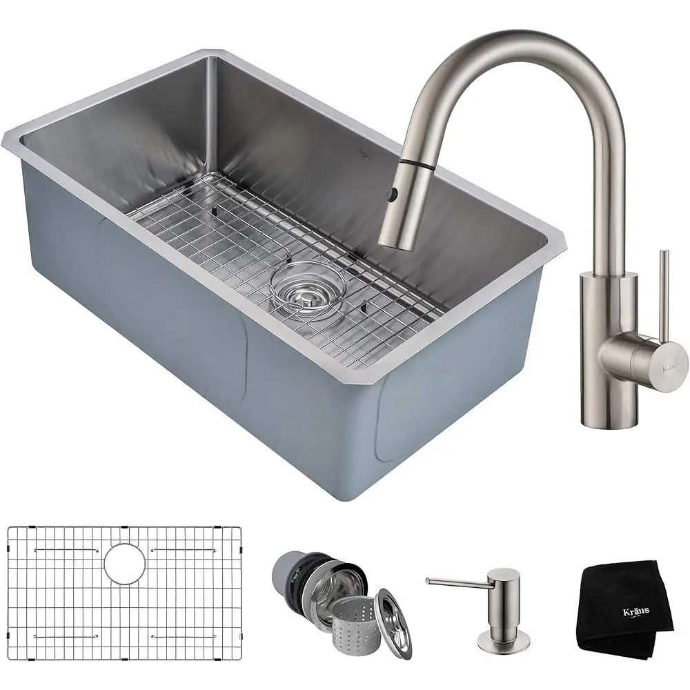 حوض مطبخ ستنلس ستيل كومبو حوض عميق الضوضاء الدفاع عن عازلة للصوت الثقيلة T-304 زوايا معدنية مستديرة سهلة التنظيف 30x18x10