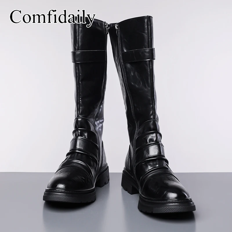 

High End Black Retro Men Thick Soled Thick Heeled Boots with Buckle Splicing Cool Stylish Personality Size 48 Motorcycle Boots