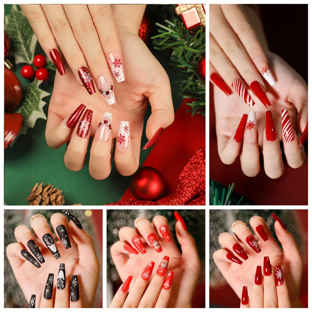 

5packs 120pcs Christmas Press on Nails, Square Red Short Fake Nails, Medium Snowflake False Nails, Christmas Nail Tips in Box