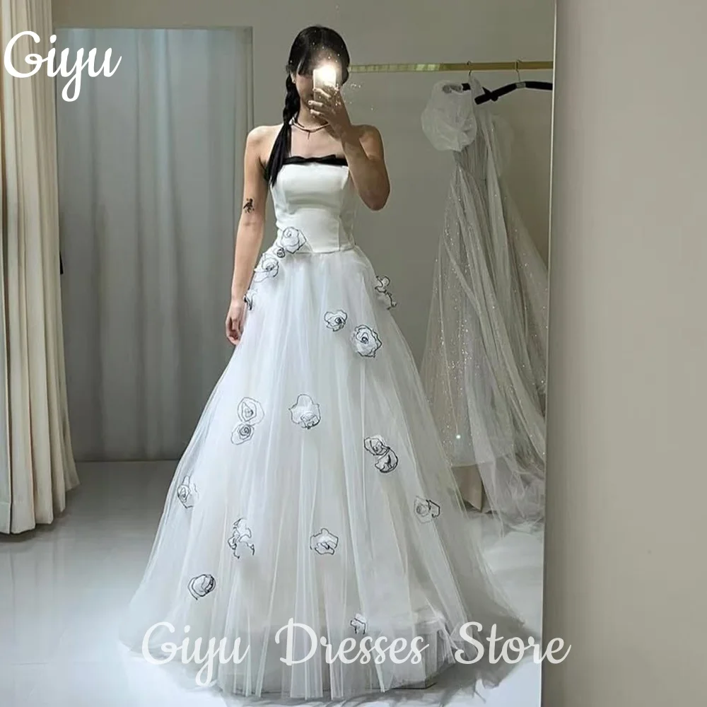 

Giyu New Modern 3D Flowers Bow Korea A-Line Wedding Dresses 웨딩드레스 Tulle Sleeveless Korea Photoshoot Customized Bridal Gown 2025